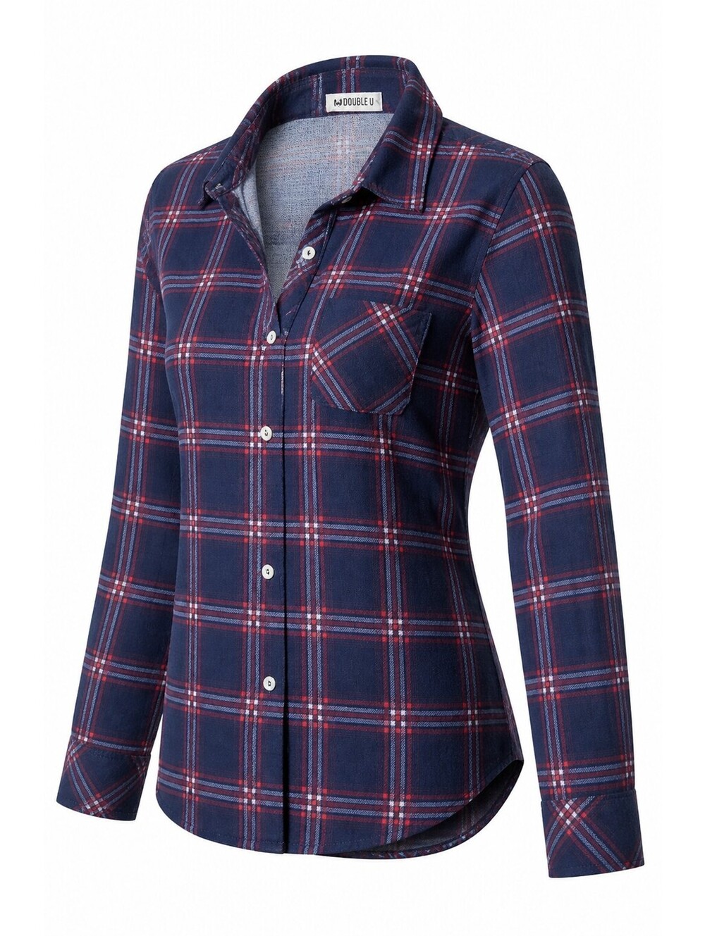 Doublju Women's Navy and Red Plaid Button-Up Shirt Size Small